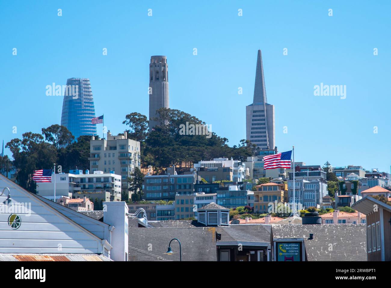 San Franciso August 2023. Cityscape of Urban Skyline with Skyscrapers and High-Rise Buildings Against a Clear Sky Stock Photo