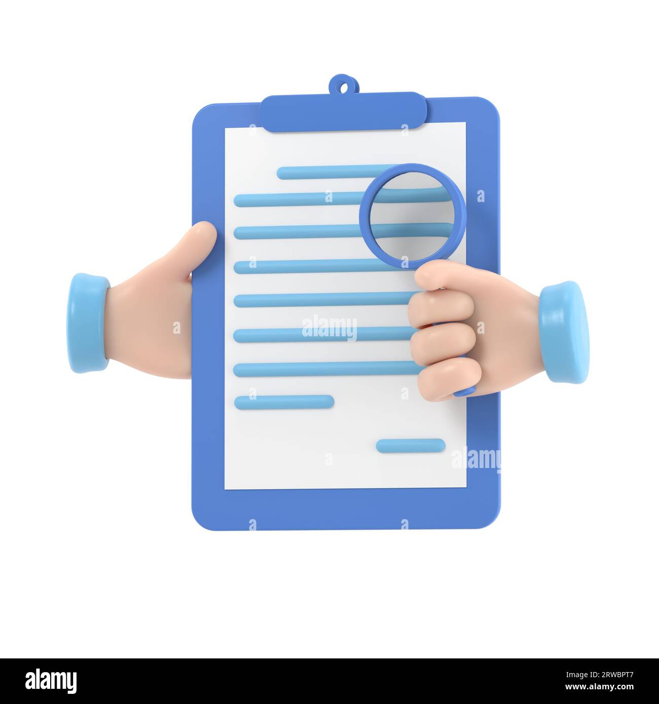 Business concept contract inspection,hands holding the contract and examine its conditions through a magnifying glass.3D rendering on white background Stock Photo