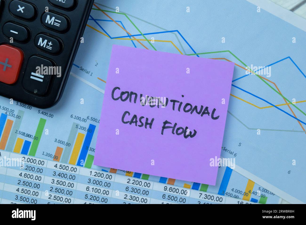 Concept of Conventional Cash Flow write on sticky notes isolated on Wooden Table. Stock Photo