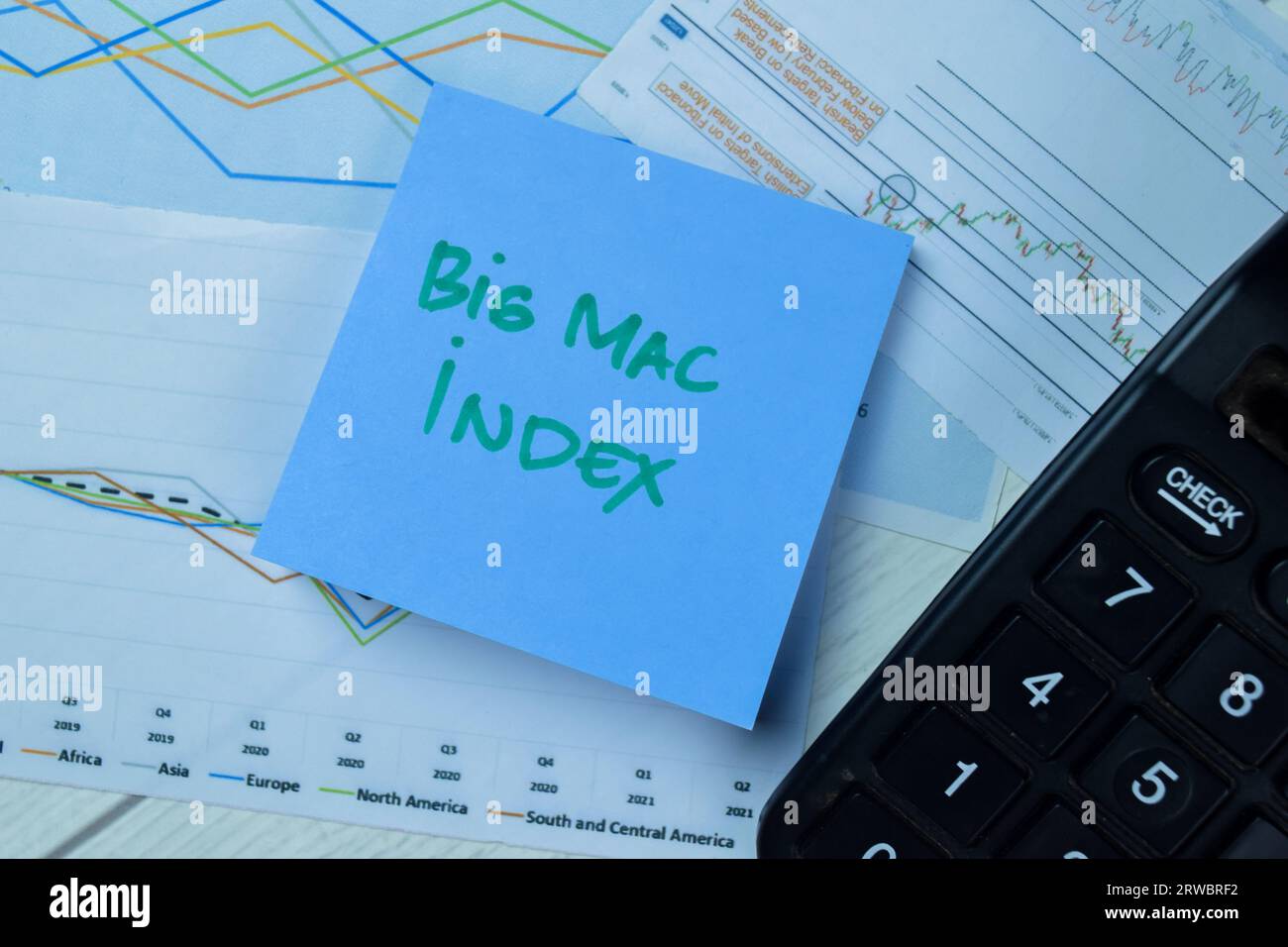 Concept of Big Mac Index write on sticky notes isolated on Wooden Table. Stock Photo
