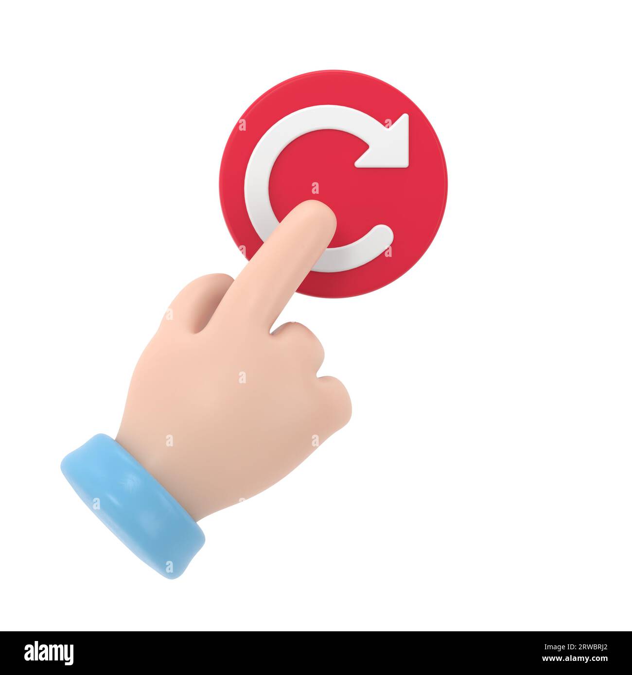 Reboot concept. Restarting technology. Hand to push big red button. 3d illustration flat design.3D rendering on white background. Stock Photo