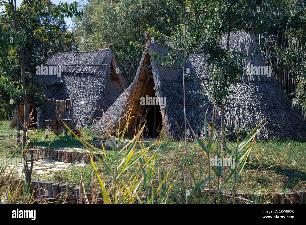 Reconstruction of a fishing settlement from the late Neolithic Vinča Culture Stock Photo