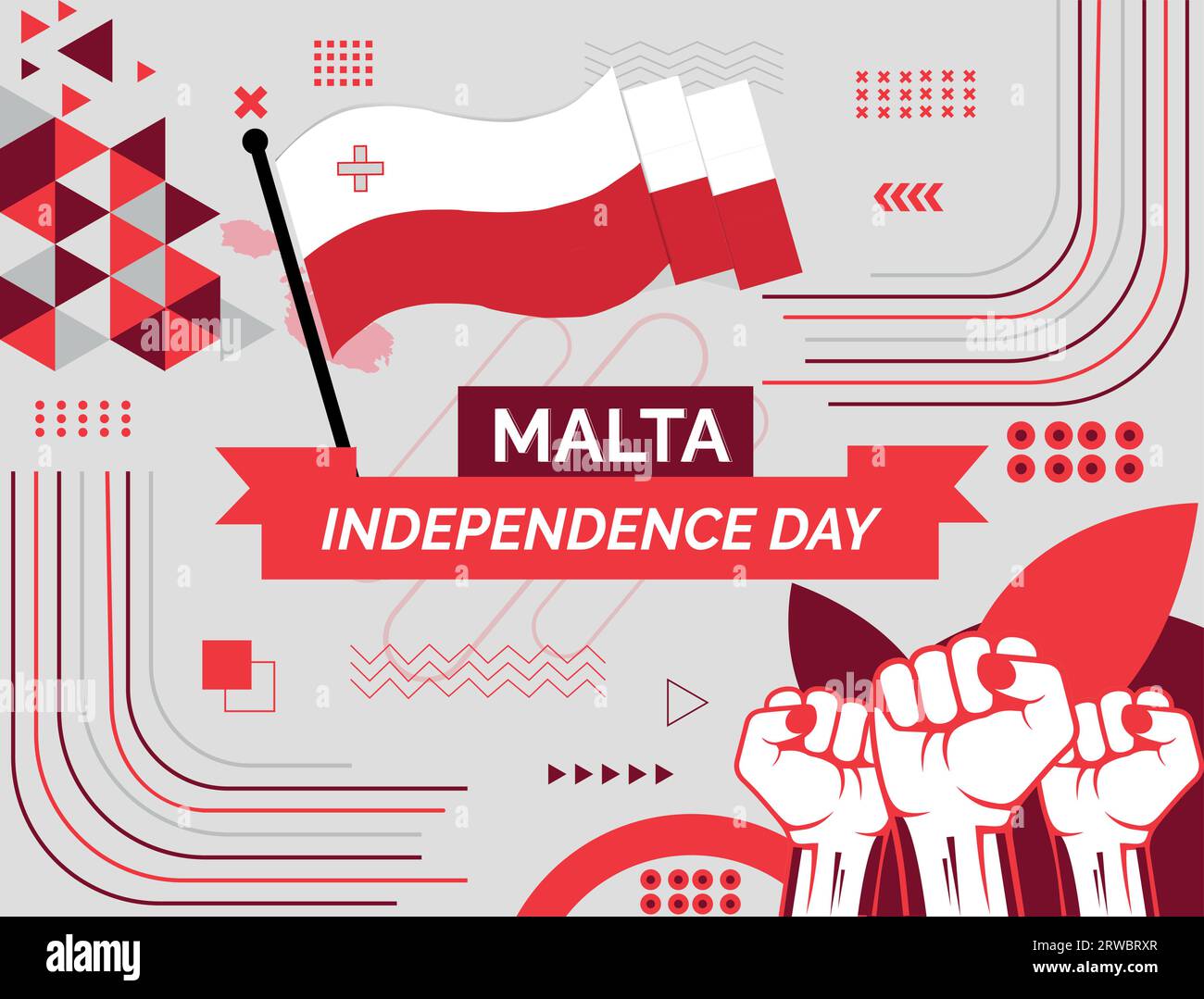 Malta Map and raised fists. National day or Independence day design for Malta celebration. Modern retro design with abstract icons. Vector Stock Vector