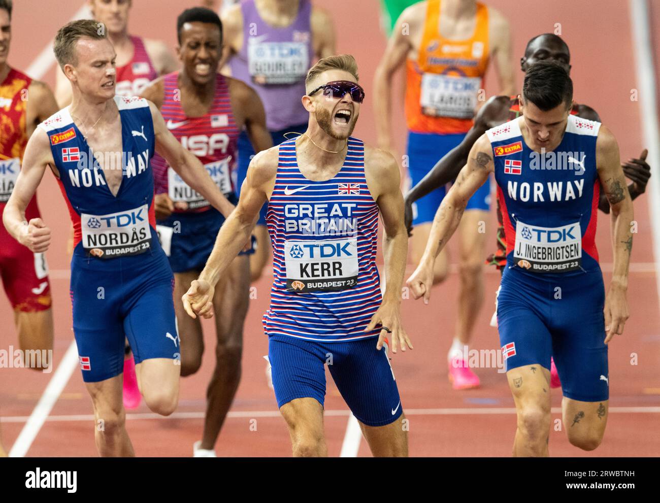 Josh Kerr of GB & NI crosses the finishing line to win the1500m men