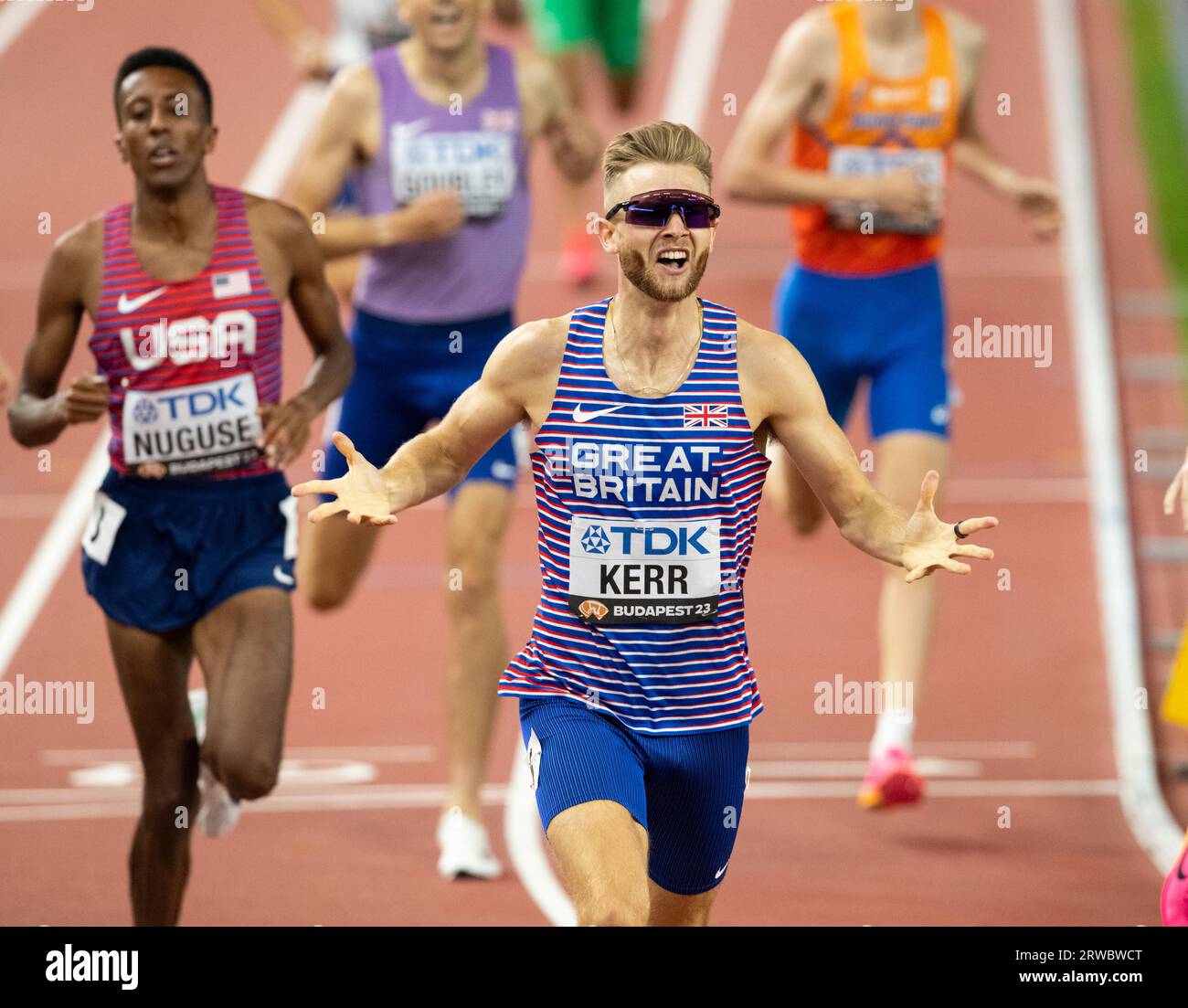Josh Kerr of GB & NI crosses the finishing line to win the1500m men