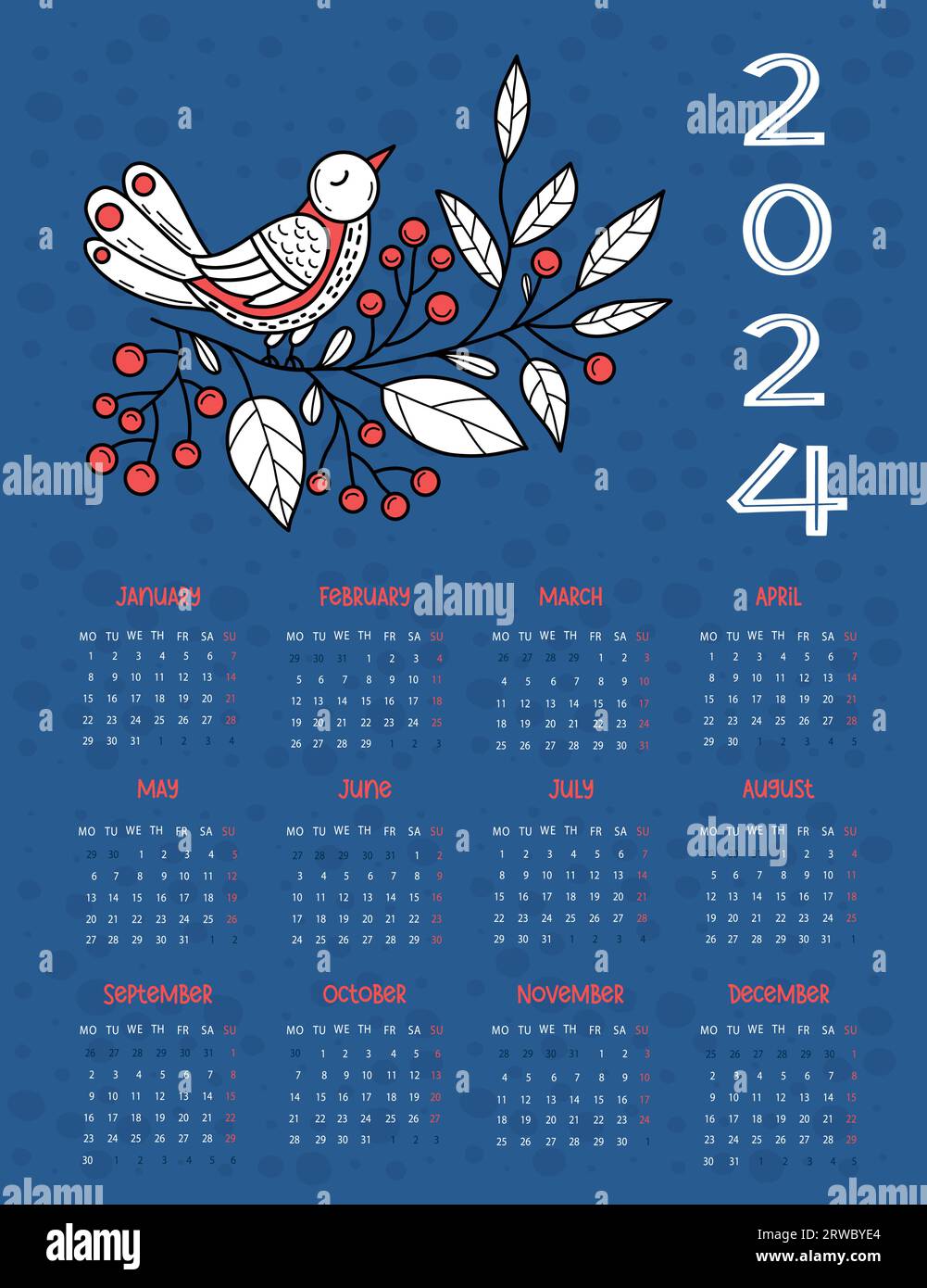 2024 annual calendar. Folk bird on branch with red berries on blue