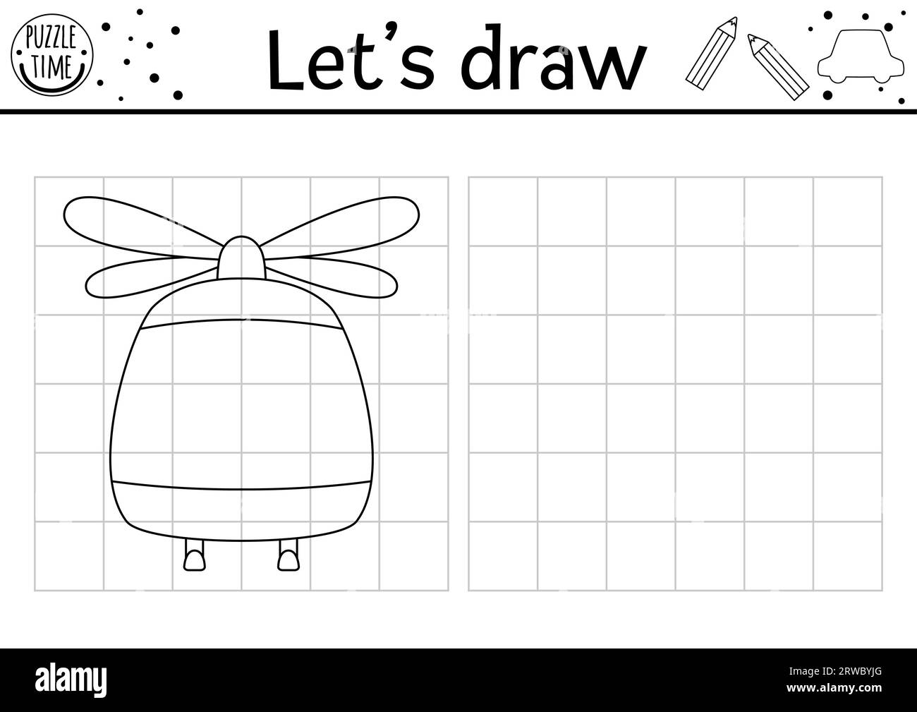 Draw the helicopter front view. Vector transport drawing practice