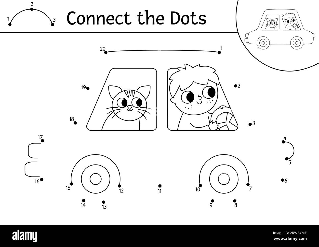 Vector dottodot and color activity with cute car, driver and