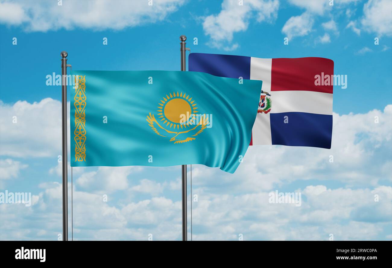 Dominican Republic flag and Kazakhstan flag waving together on blue sky, two country cooperation concept Stock Photo