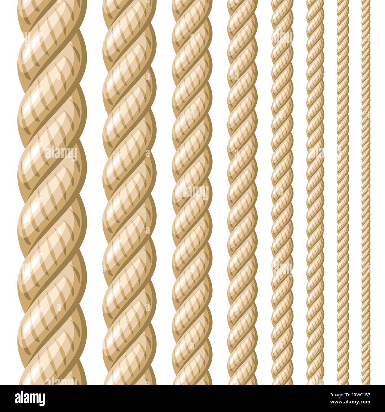 Vector Seamless Rope Set, group of illustration vertical decorative natural long ropes, collection of many different repeating hemp ropes on white bac Stock Vector