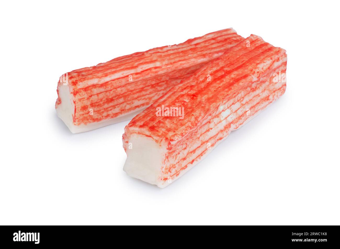 Studio shot of crab sticks cut out against a white background - John Gollop Stock Photo