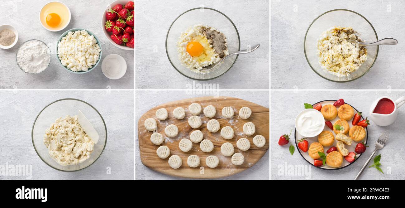 Instructions for making baked cottage cheese gnocchi, collage, step by step, do it yourself, ingredients, cooking steps, final dish Stock Photo