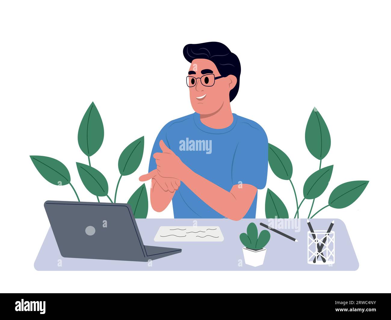 Smiling teenage boy, schoolboy studying in online class on laptop, communicating with teacher via video conference using sign language. Stock Vector