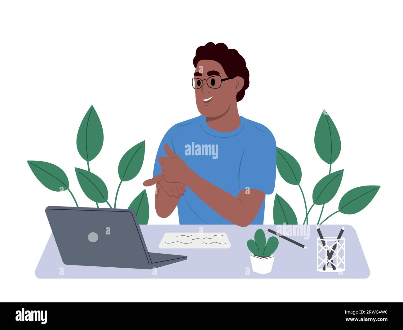Smiling teenage black boy, schoolboy studying in online class on laptop, communicating with teacher via video conference using sign language Stock Vector