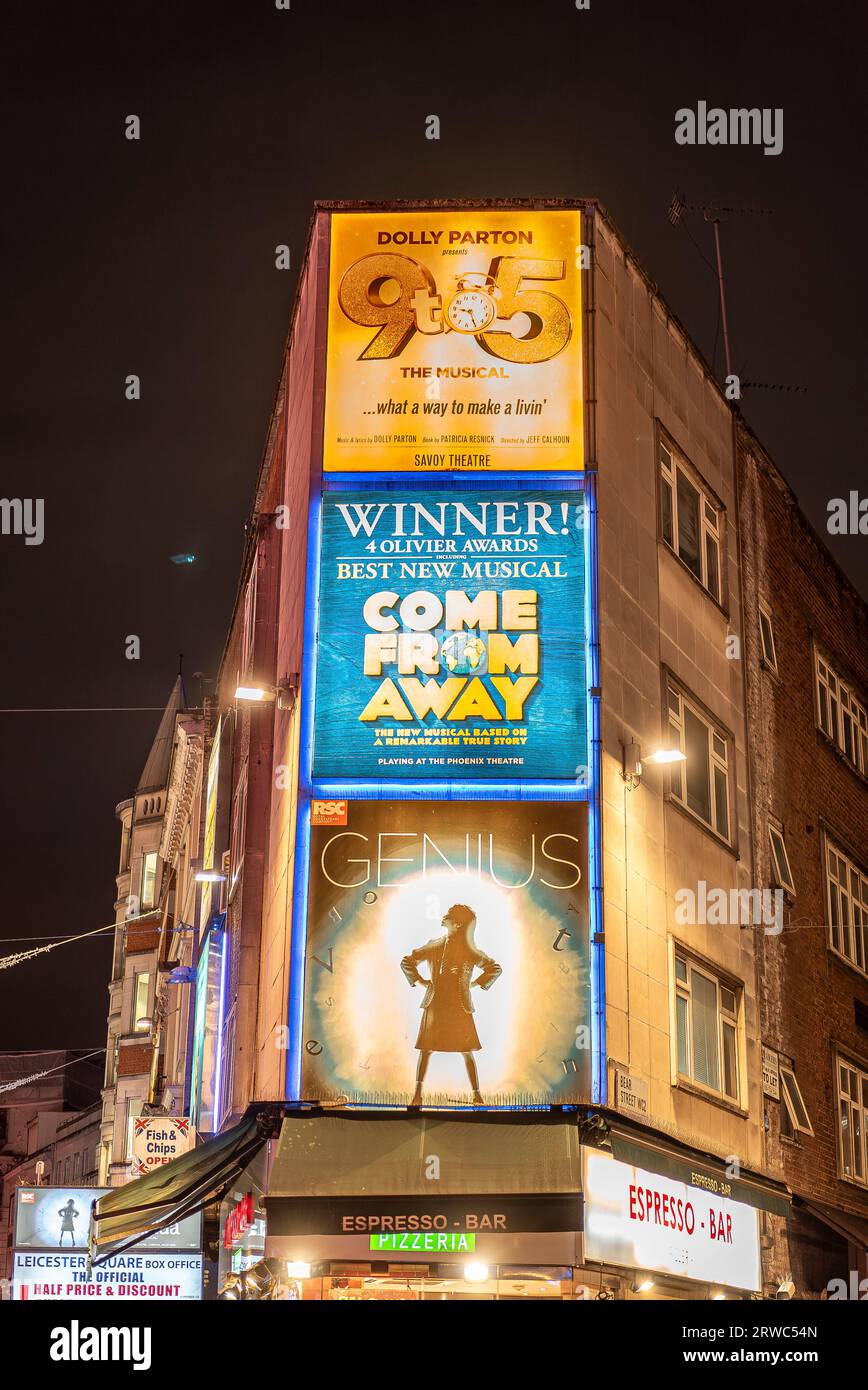 London advertising board. Dolly Parton 9 to 5, Come from away, Genius. Stock Photo