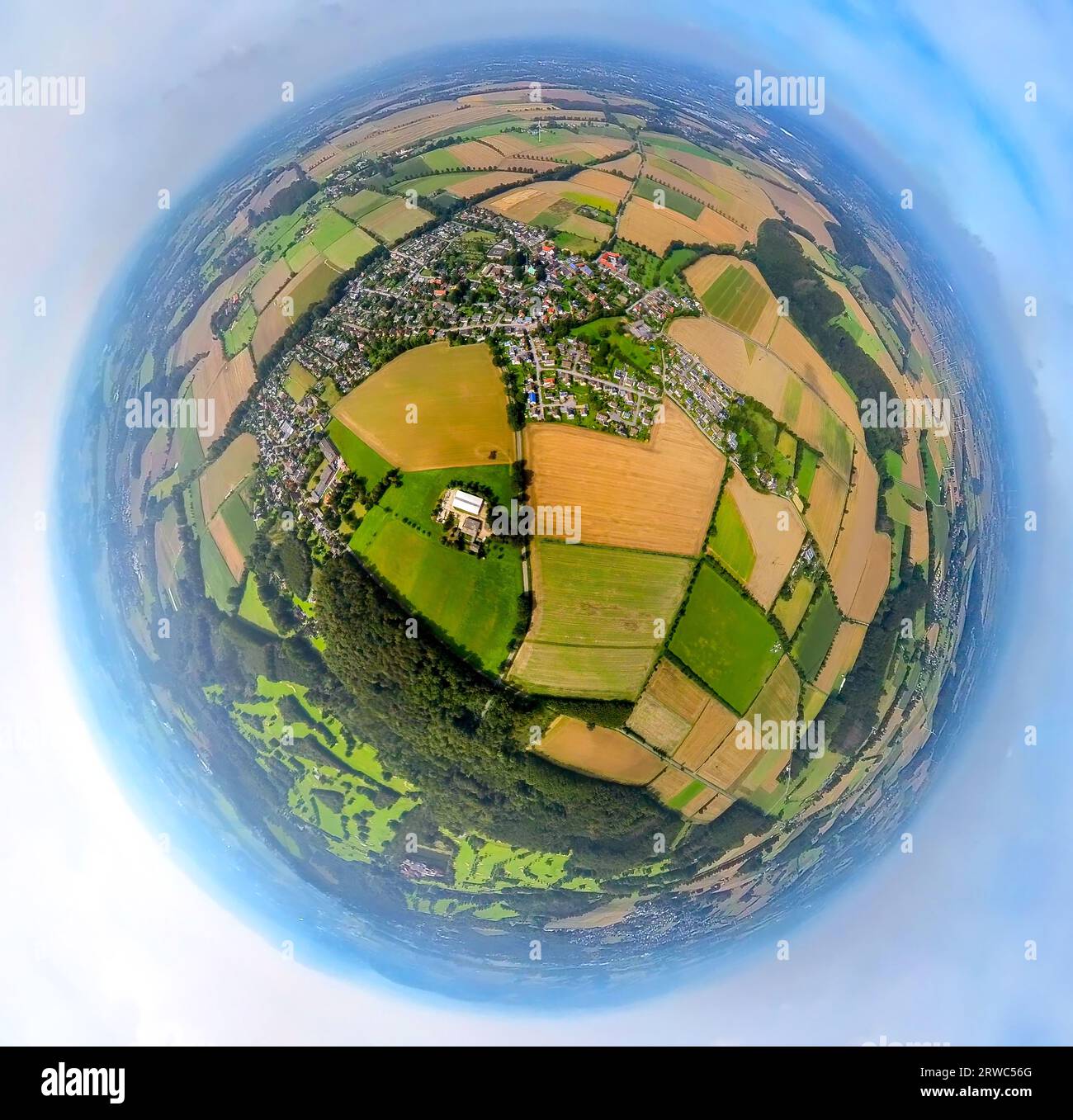 Aerial view, village Frömern, surrounded by meadows and fields, globe, fisheye photograph, 360 degree photograph, tiny world, Frömern, Fröndenberg, Ru Stock Photo