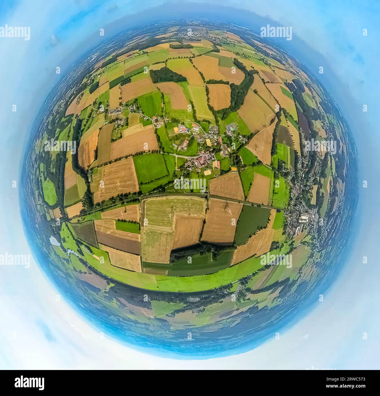 Aerial view, village Altendorf, surrounded by meadows and fields, globe, fisheye, 360 degree, tiny world, Altendorf, Fröndenberg, Ruhrgebiet, North Rh Stock Photo