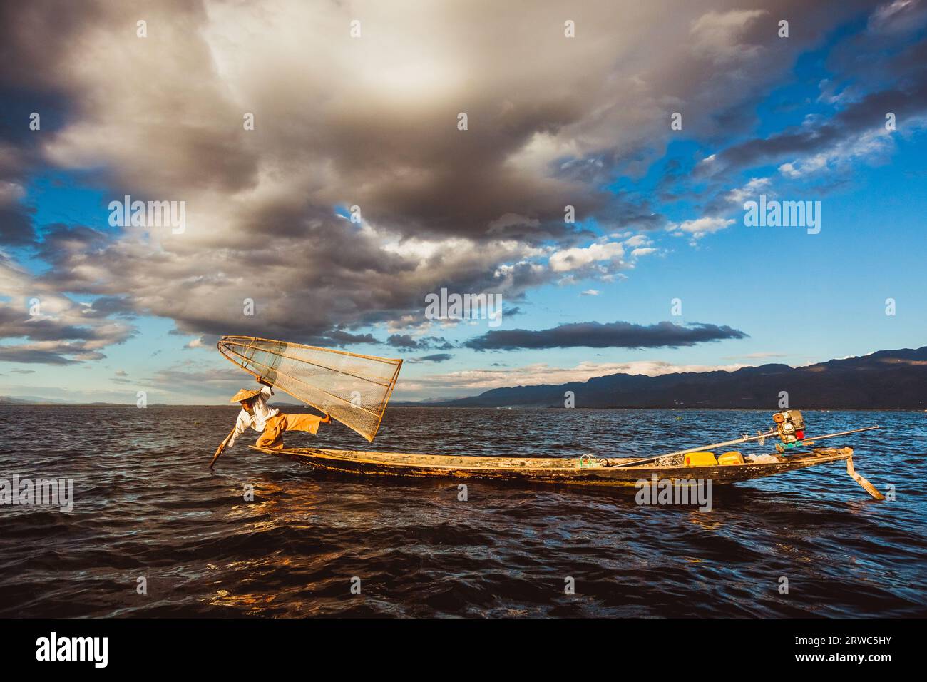 Myanmar, Inley lake 15 January 2021: Silhouette of traditional ...