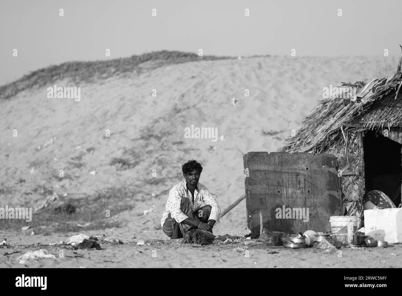 February 14, 2023, Chennai city, India: Nomadic people of India in their traditional clothes, against the backdrop of their place of residence. High q Stock Photo