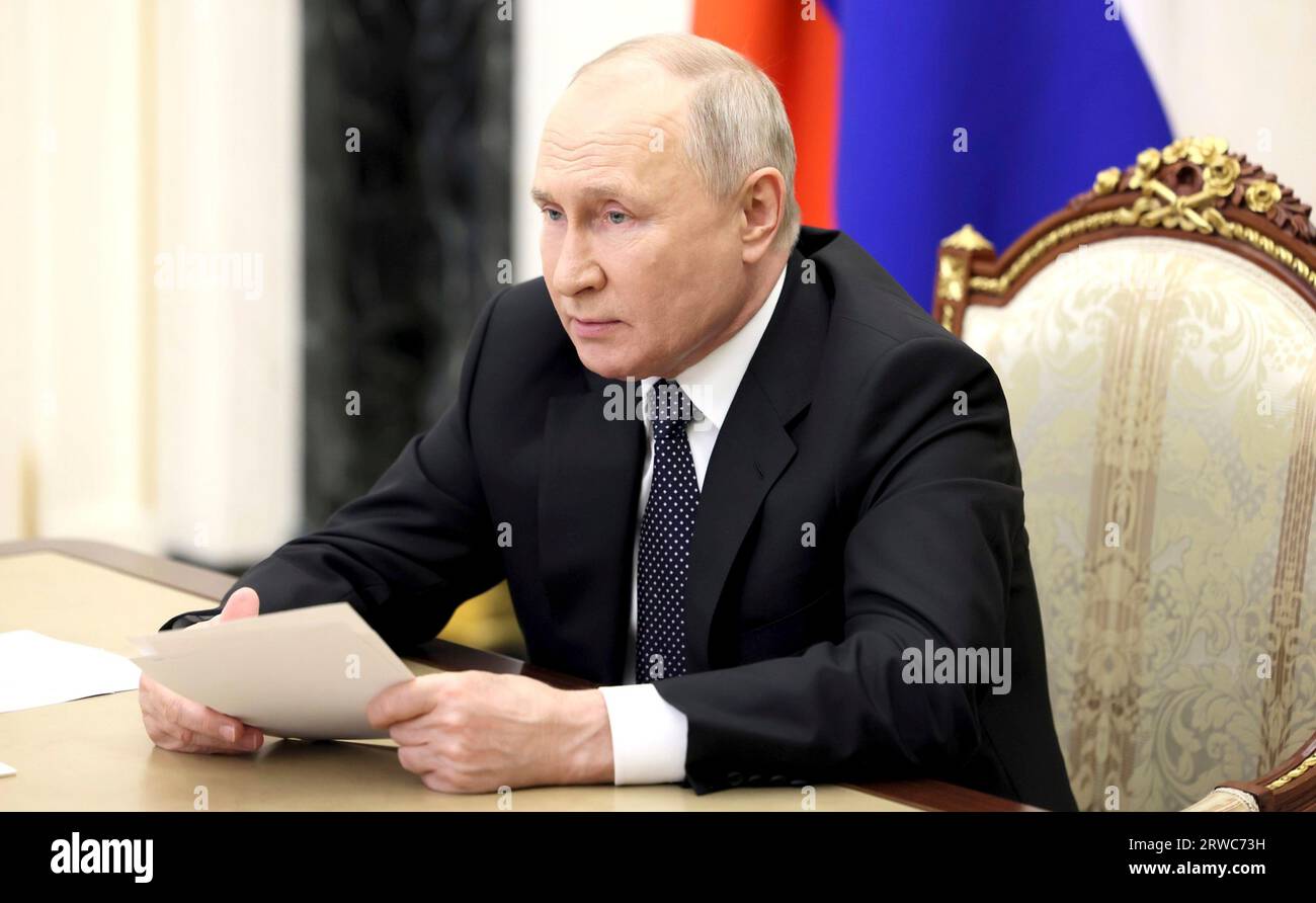 Moscow, Russia. 18th Sep, 2023. Russian President Vladimir Putin chairs a video conference meeting on the draft of 2024 federal budget from the Kremlin, September 18, 2023 in Moscow Oblast, Russia. Credit: Mikhail Metzel/Kremlin Pool/Alamy Live News Stock Photo