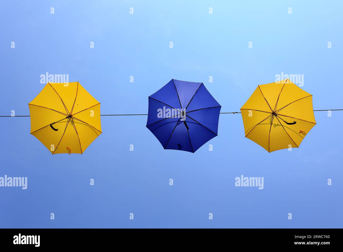 Umbrellas hanging from a rope photographed from below Stock Photo - Alamy