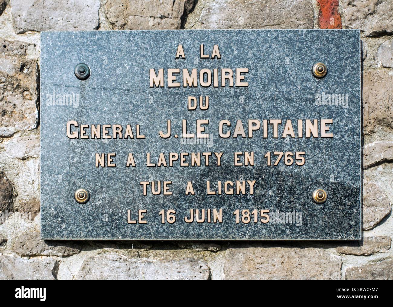 Commemorative plaque for general Jacques Lecapitaine, killed during the 1815 Battle of Ligny, Sombreffe, Namur, Wallonia, Belgium Stock Photo
