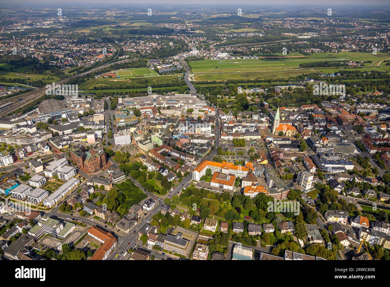 Aerial view, city center view City, St. Marien-Hospital, evang. Pauluskirche, Allee-Center, Airport Lippewiesen, Mitte, Hamm, Ruhrgebiet, North Rhine- Stock Photo