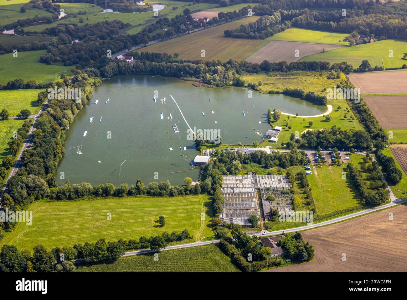 Aerial view, water ski Hamm, Uentrop, Hamm, Ruhr area, North Rhine-Westphalia, Germany, DE, Europe, Recreational Area, Recreation, Leisure center, Aer Stock Photo