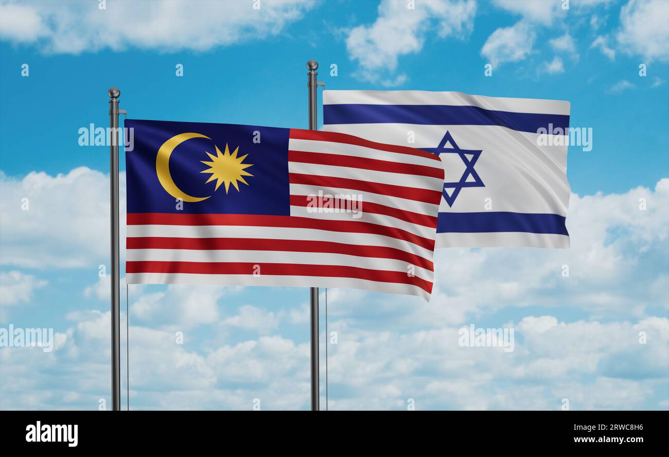 Israel flag and Malaysia flag waving together on blue sky, two country ...