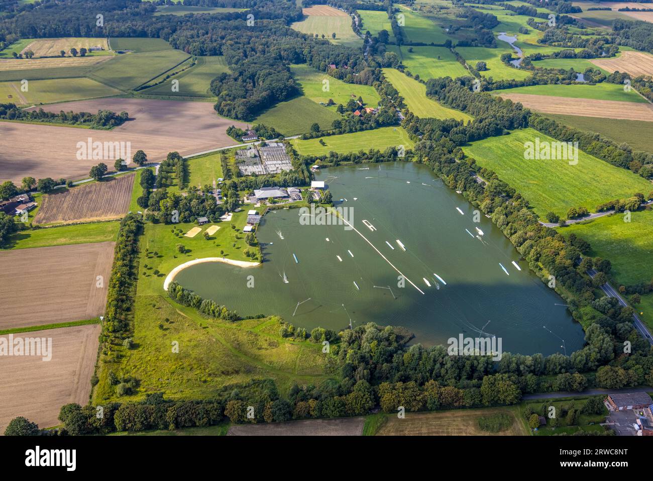 Aerial view, water ski Hamm, Uentrop, Hamm, Ruhr area, North Rhine-Westphalia, Germany, DE, Europe, Recreational Area, Recreation, Leisure center, Aer Stock Photo