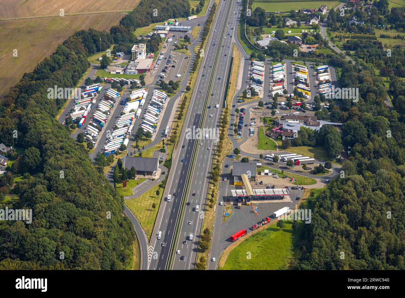 Aerial view, Serways freeway service area Rhynern on the A2 freeway ...