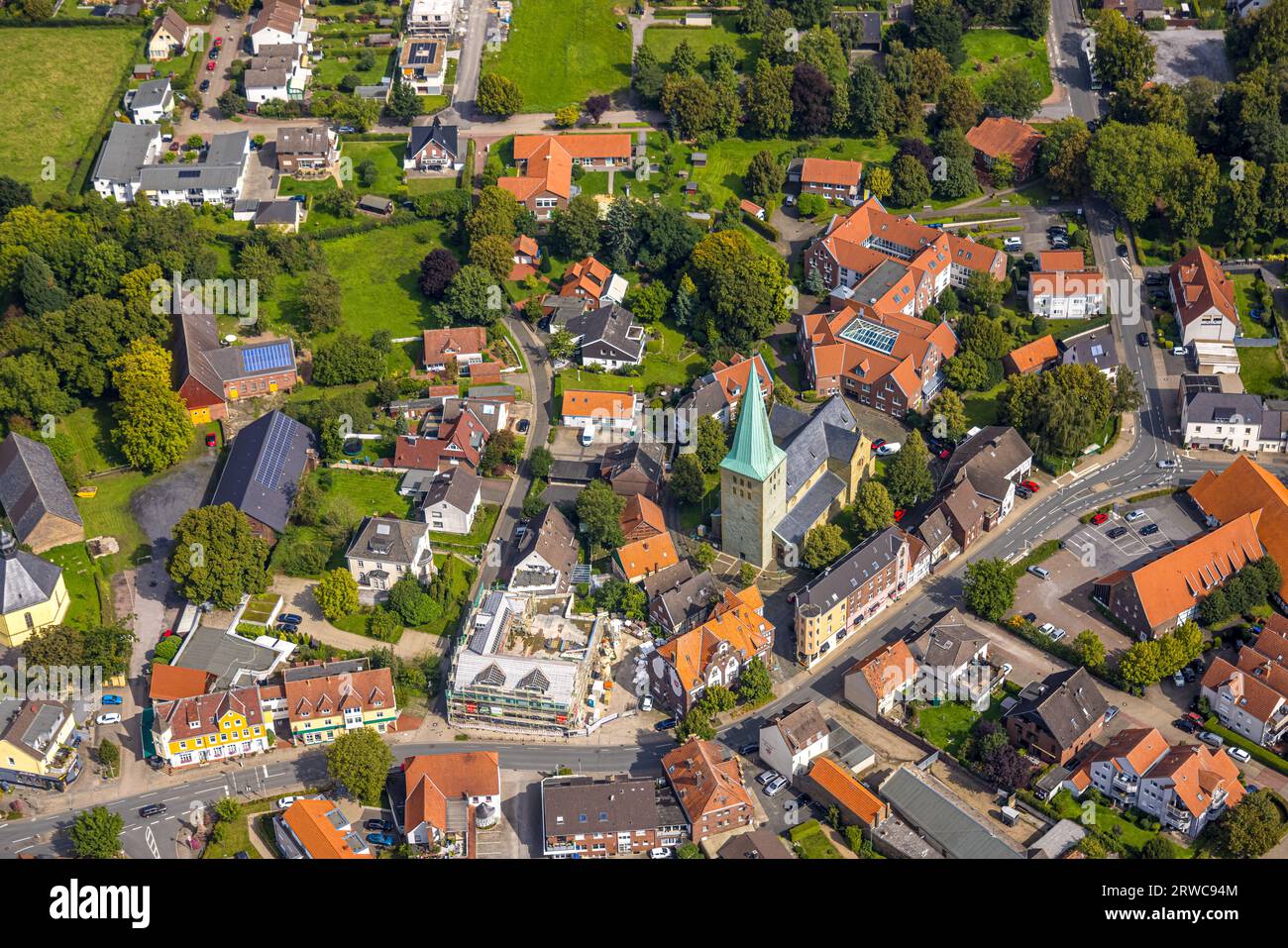 Aerial view, St. Regina Catholic Church, construction site with reconstruction for a residential and commercial building at the corner of Reginenstraß Stock Photo