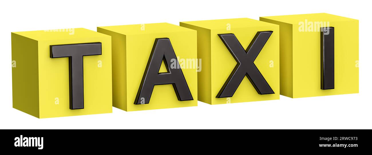 Word TAXI on yellow cubes. Cab transportation logo sign. Isolated on
