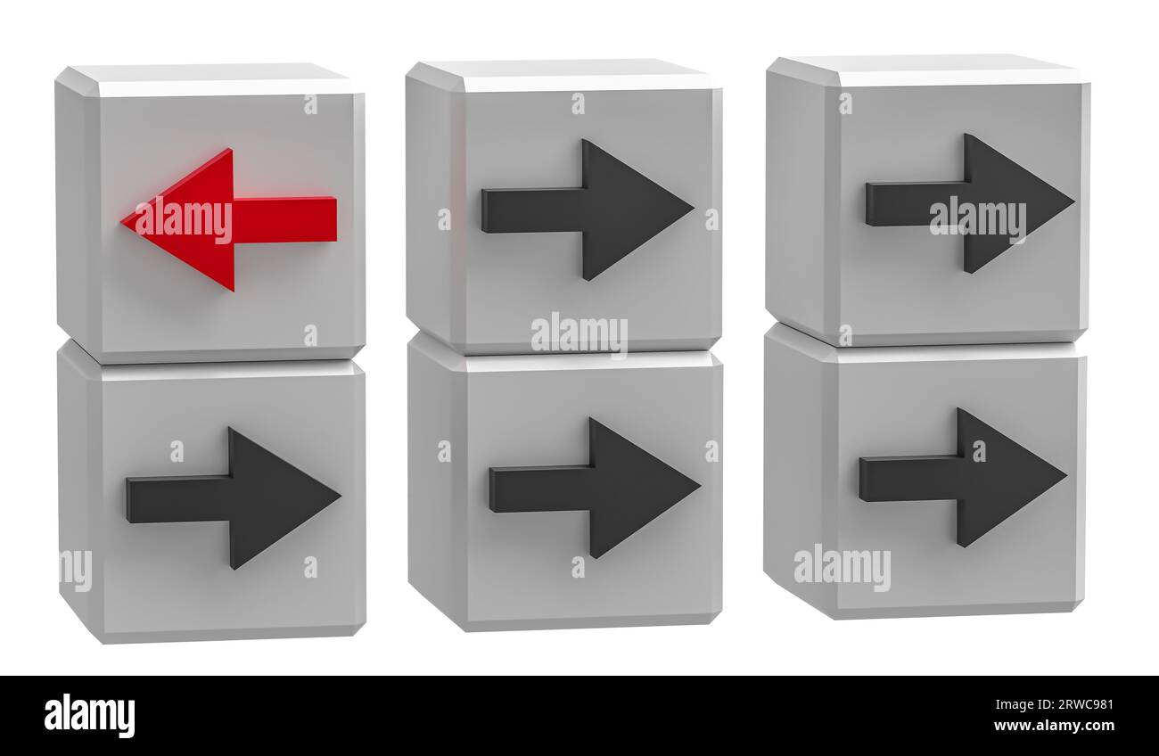 Concept of individuality. Cubes with arrows. One cube with a red arrow ...