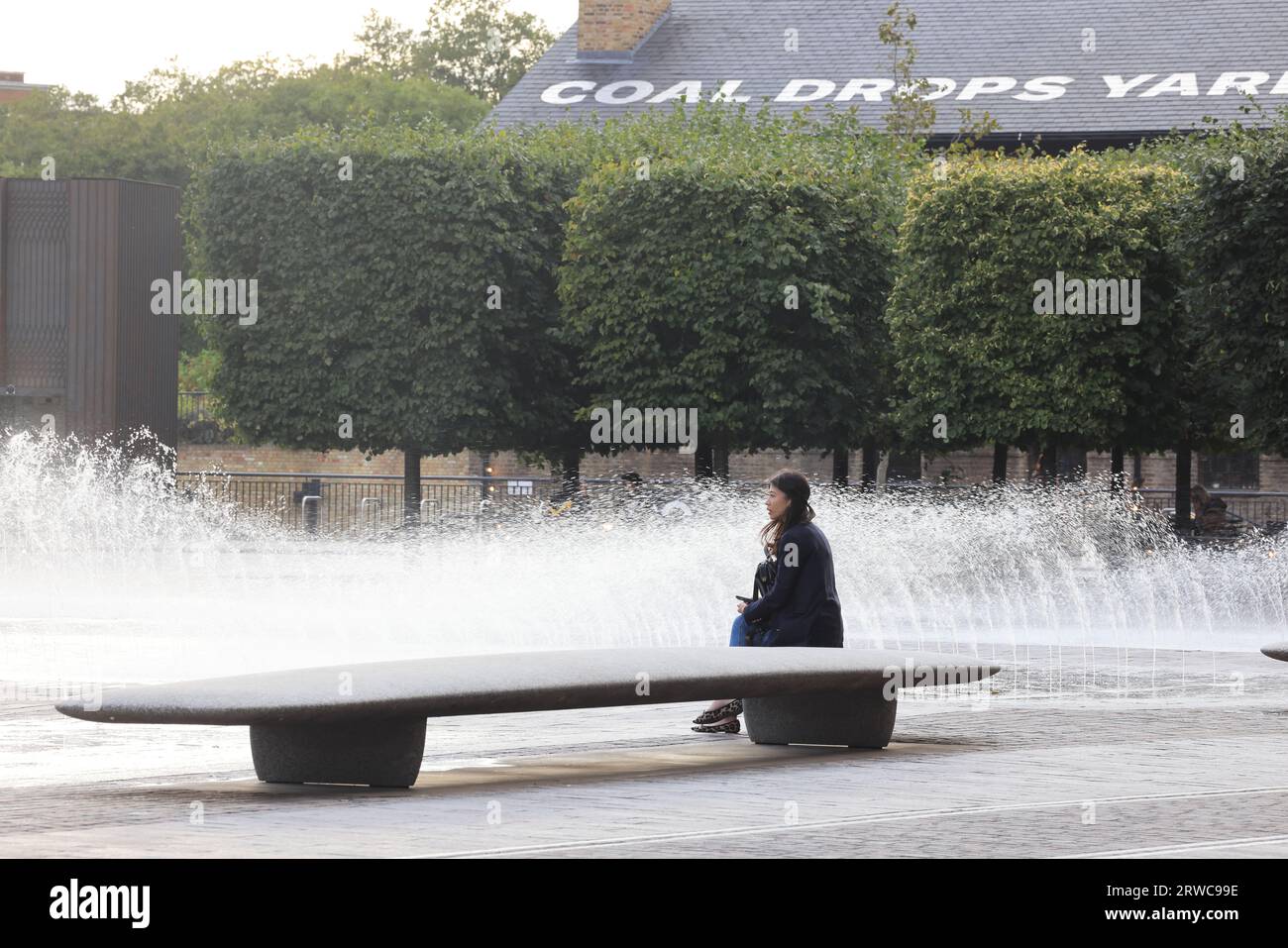 London, UK 18th September 2023. Gusty winds made the fountains on Granary Square at Kings Cross blow in all directions. Strong winds are forecast for the next 2 days. Credit : Monica Wells/Alamy Live News Stock Photo