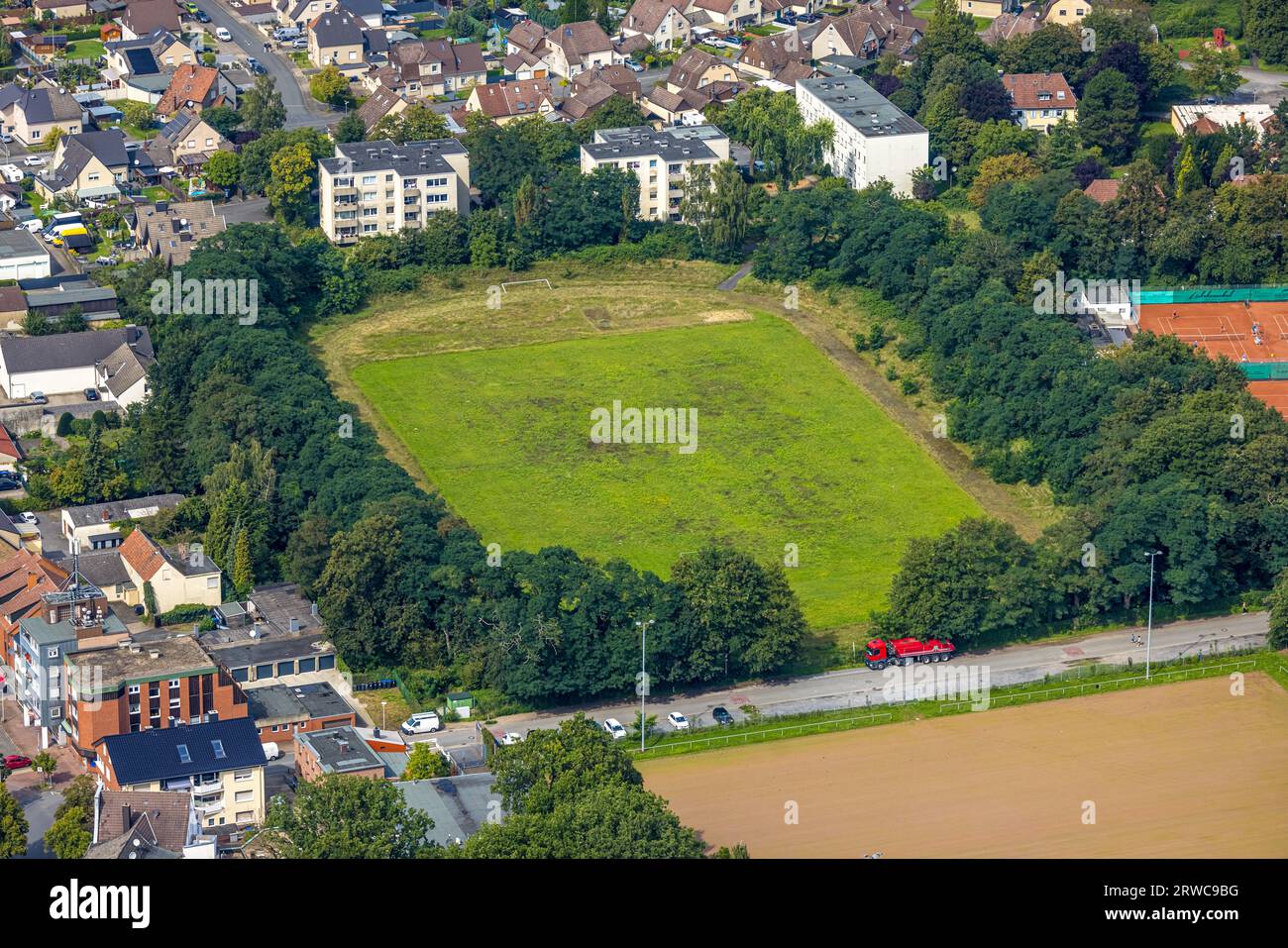 Aerial view, Glück-Auf-Stadion in Lippepark, Herringen district, Hamm, Ruhr area, North Rhine-Westphalia, Germany, DE, Europe, Soccer field, Aerial ph Stock Photo