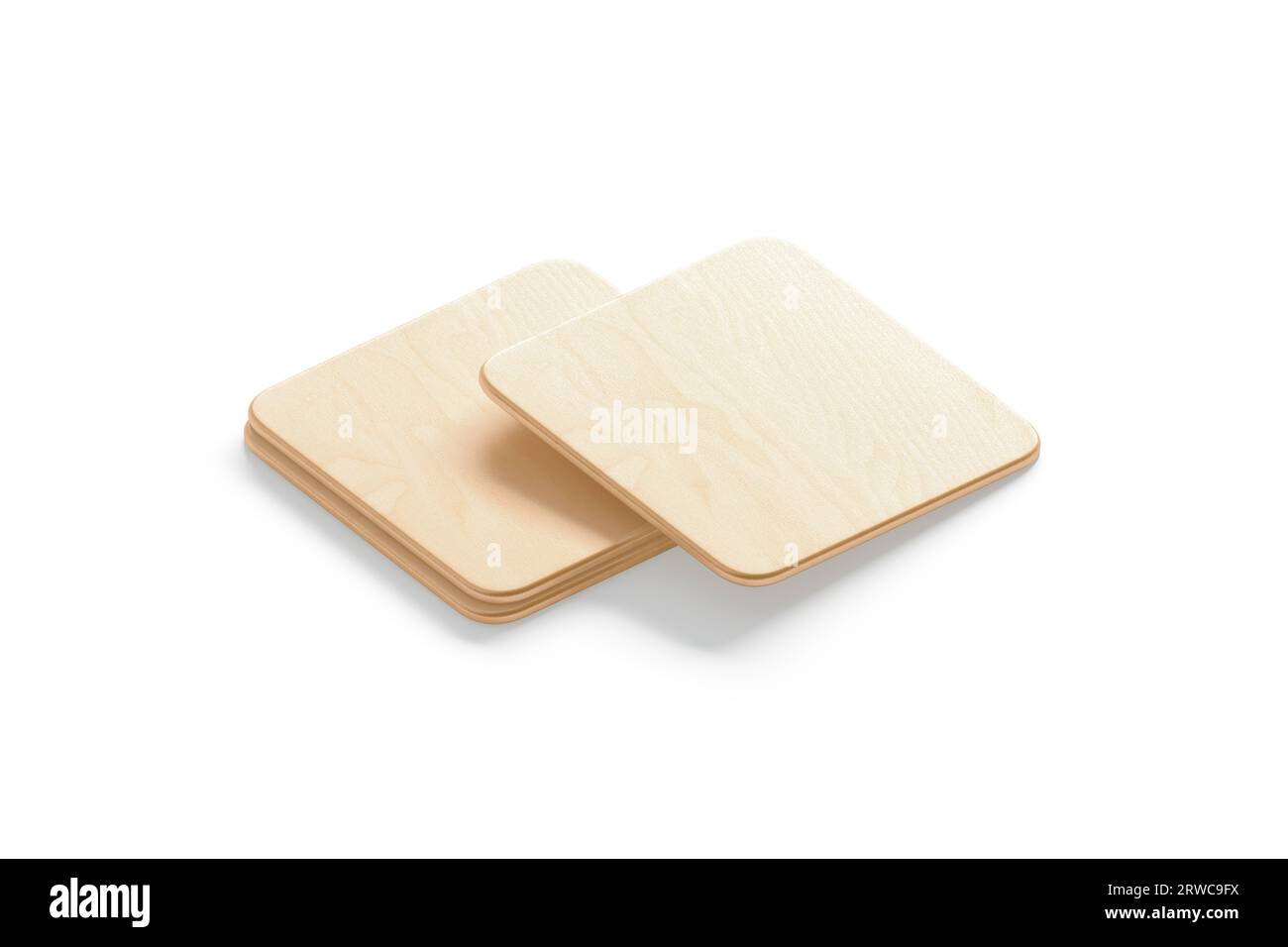 Blank square wood plate mockup stack, side view, 3d rendering. Empty