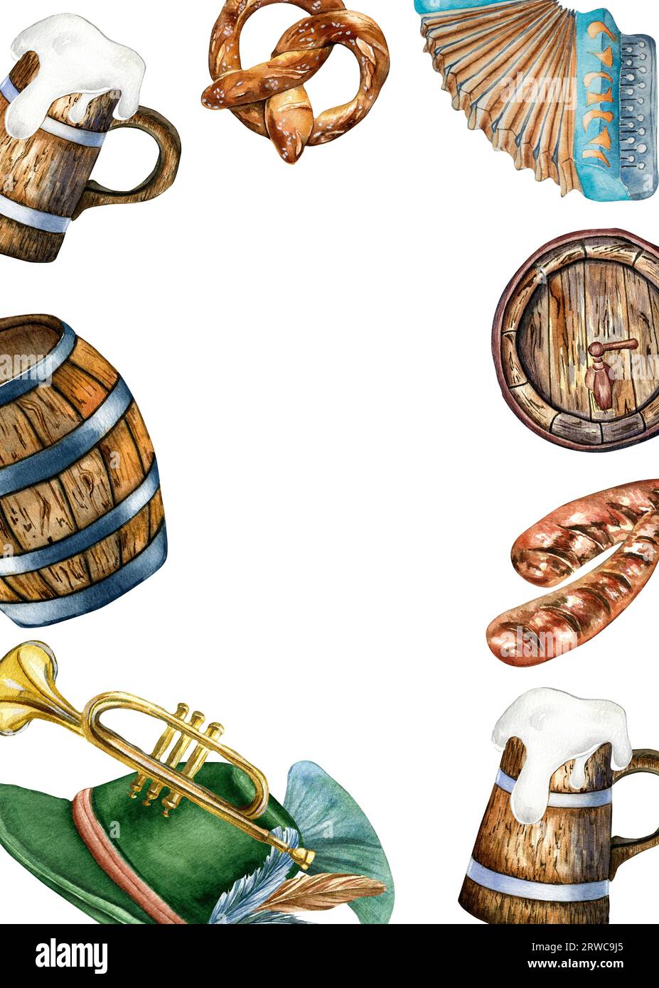 Vertical frame of watercolor beer fest. Wooden barrel, pint of beer ...