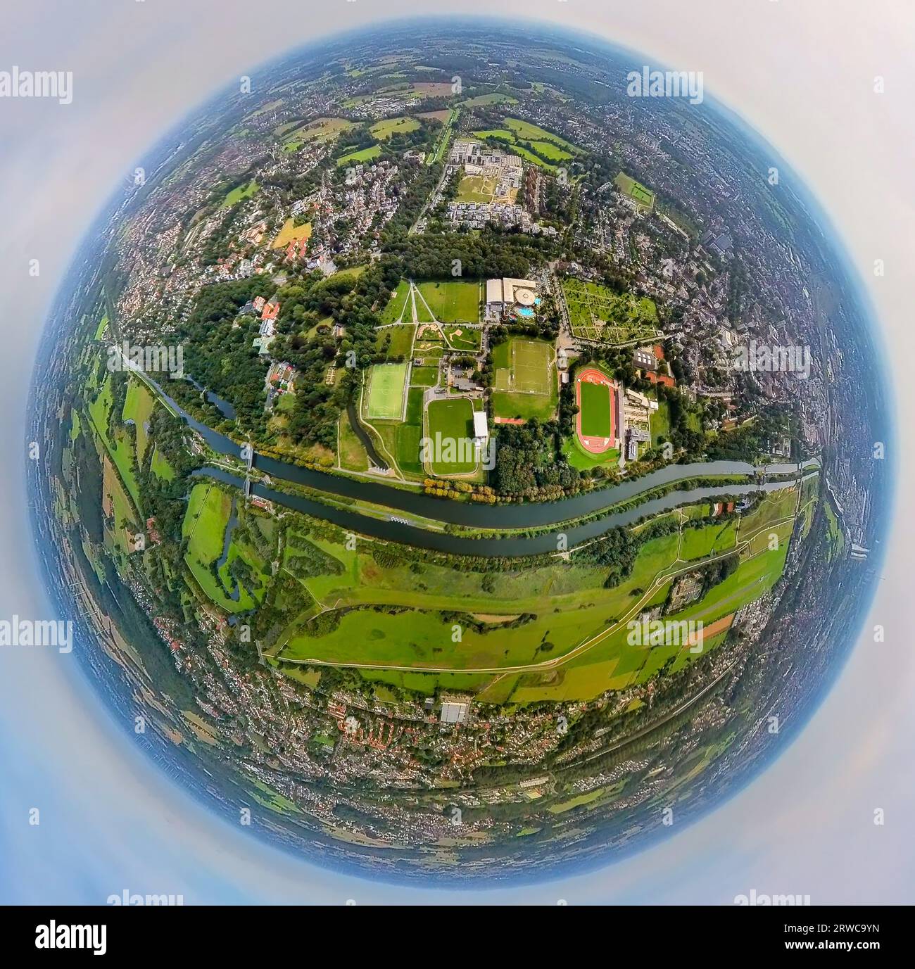 Aerial view, sports center east with Jahnstadion and Maximare Erlebnistherme, Datteln-Hamm canal and river Lippe, globe, fisheye shot, 360 degree shot Stock Photo