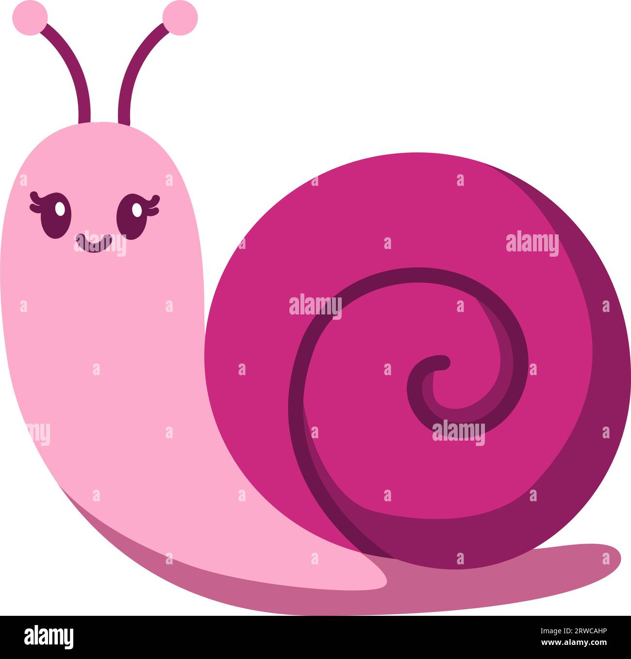 Cute smiling snail isolated on white background. Flat cartoon funny