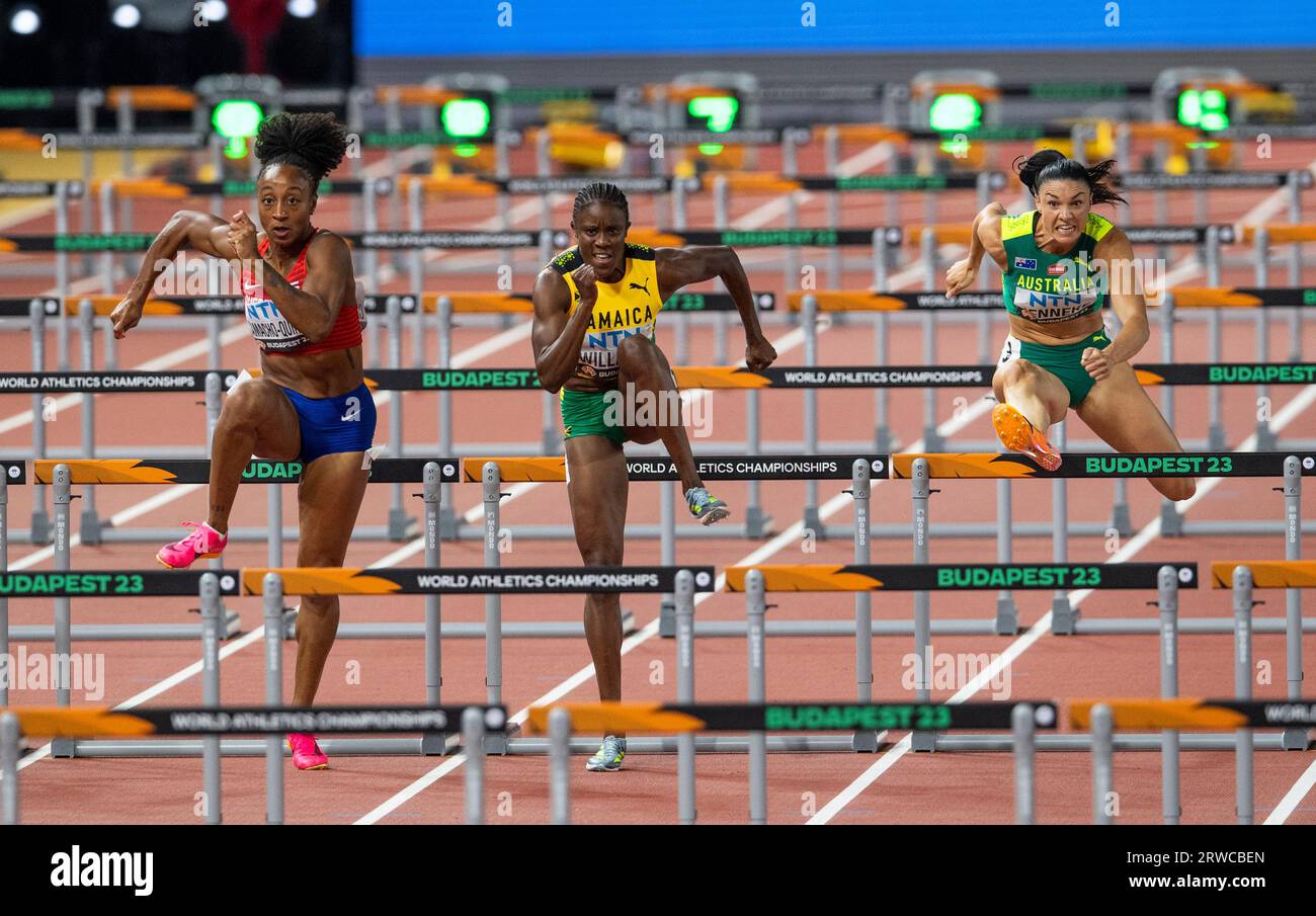 Jasmine Camacho-Quinn of Puerto Rico, Danielle Williams of Jamaica and Michelle Jenneke of Australia competing in the 100m women hurdles semi final on Stock Photo