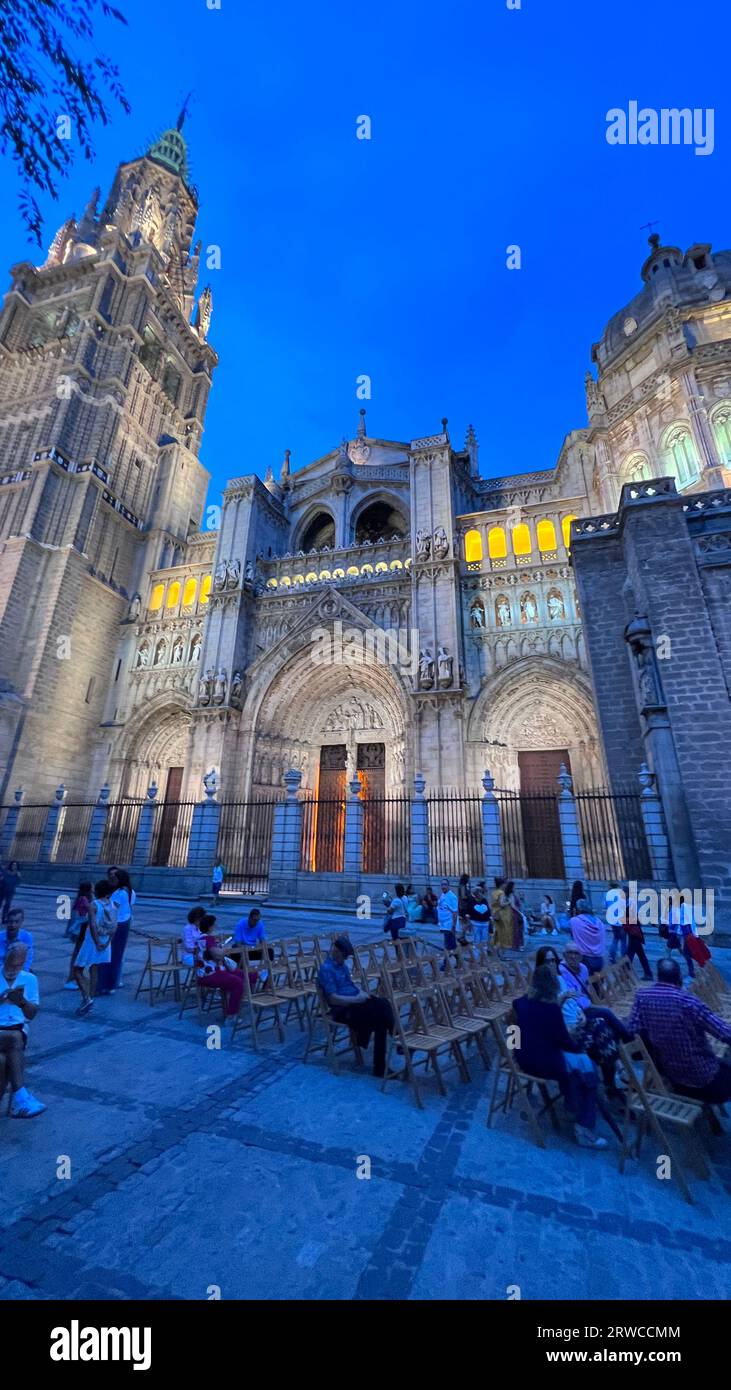 Night exterior of the facade of the Toledo Cathedral Stock Photo