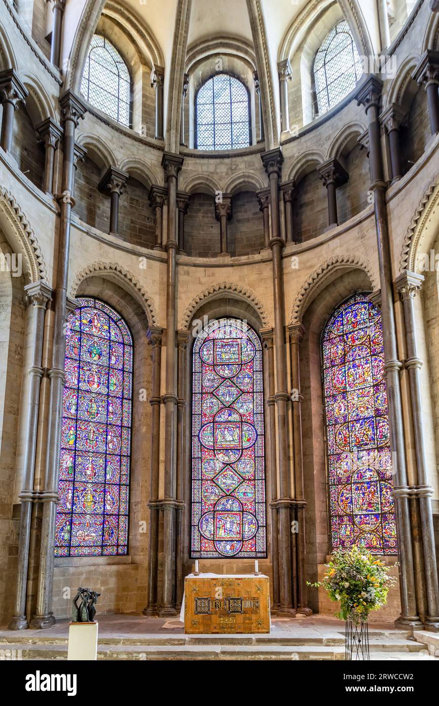 Canterbury, UKMay 20, 2023 Stained glass windows inside Canterbury