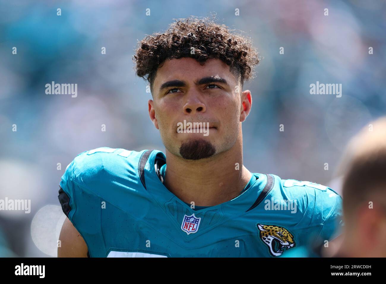 Jacksonville Jaguars tight end Brenton Strange (85) walks off the field at halftime of an NFL