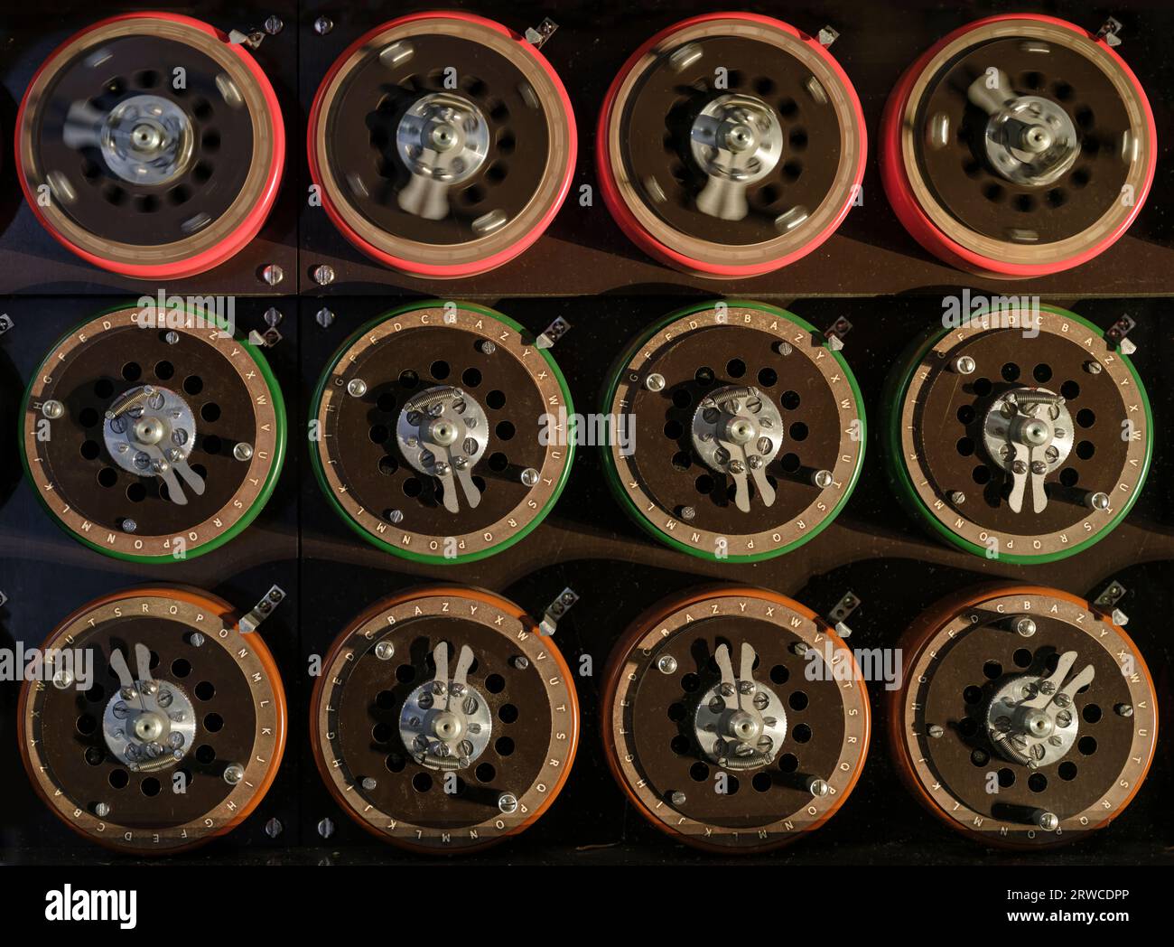 A detail of a 'Bombe', one the displays at Bletchley Park. Known as 'Station X', Bletchley Park was home to the code-breakers, Alistair Denniston, Ala Stock Photo