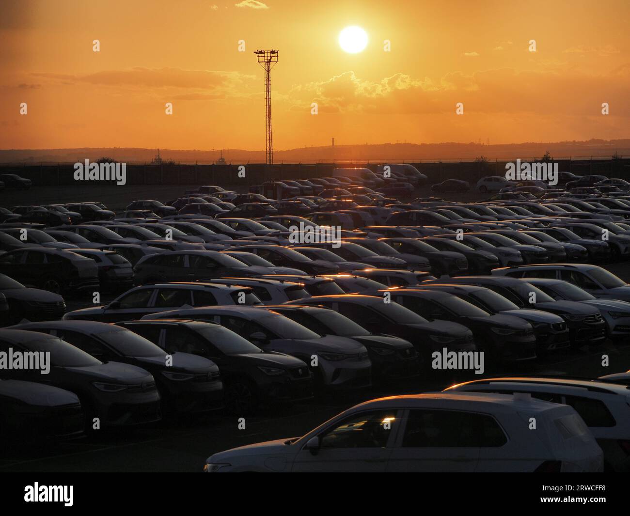 Queenborough, Kent, UK. 18th Sep, 2023. UK Weather: new cars at sunset in Queenborough, Kent. Credit: James Bell/Alamy Live News Stock Photo