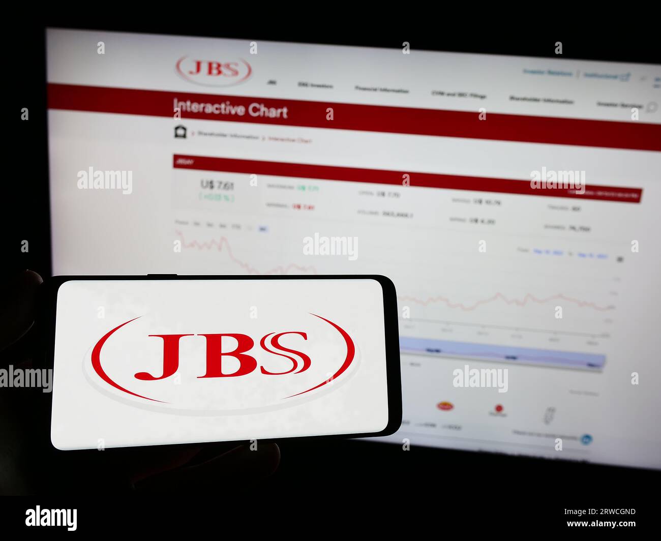 Person holding mobile phone with logo of Brazilian mear processing company JBS S.A. on screen in front of web page. Focus on phone display. Stock Photo