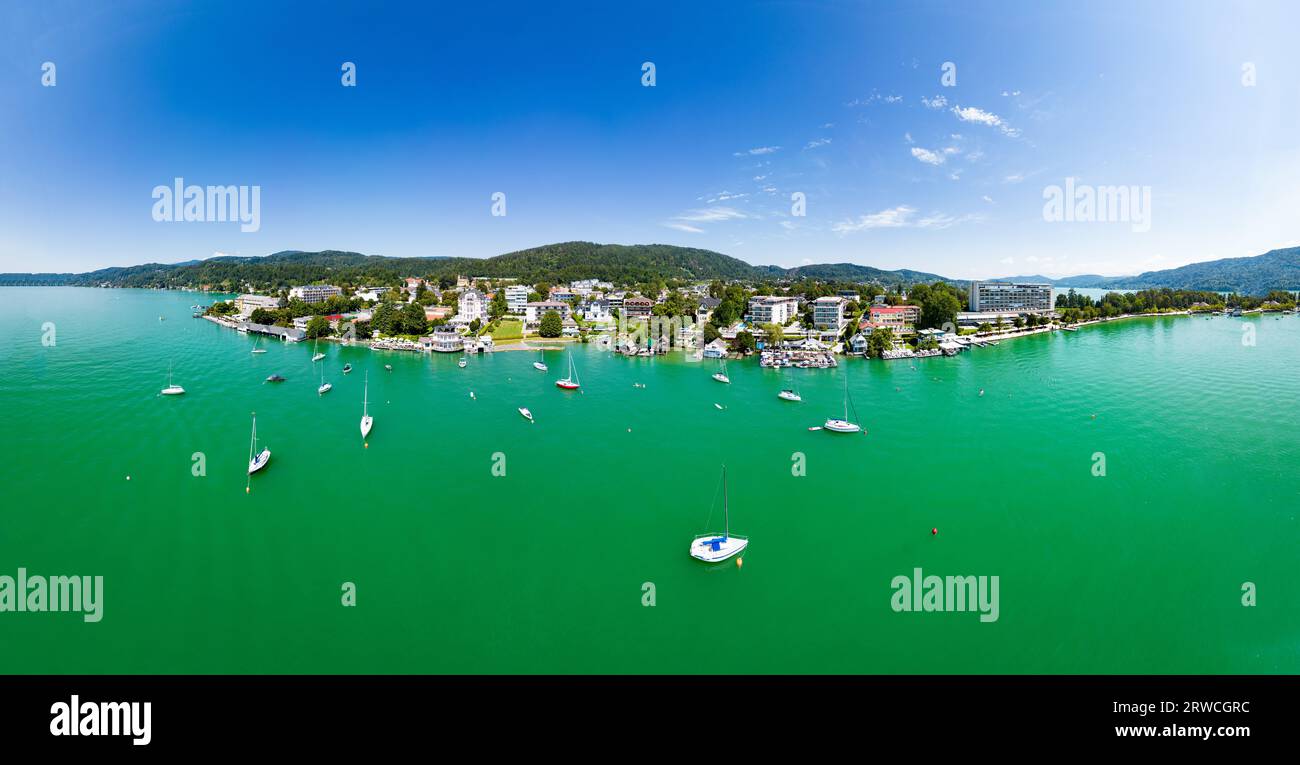 Aerial view of the famous touristic place Poertschach at the lake Worthersee in Carinthia, South of Austria during summertime. Stock Photo