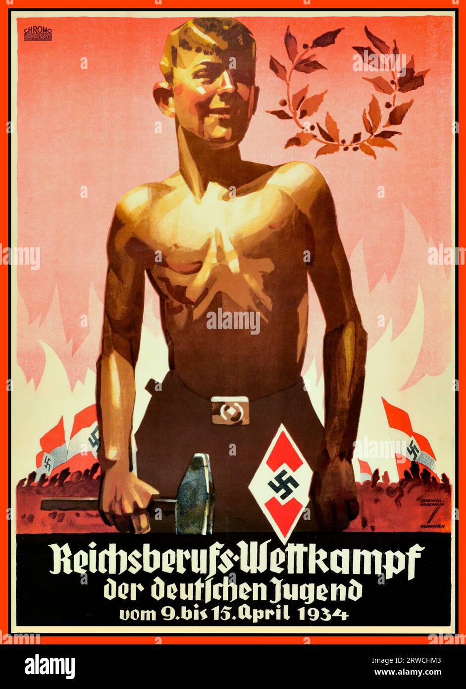 Nazi propaganda poster - 1934 Reich Professional Competition of the German Youth / “Reichsberufswettkampf der Deutschen Jugend” featuring an illustration by German poster artist Ludwig Hohlwein (1874-1949) depicting a young boy holding a hammer with crowds carrying Nazi Germany flags and laurel leaf wreath above, set over a red and white flame background. Nazi Germany designer: Ludwig Hohlwein : 1934. Stock Photo