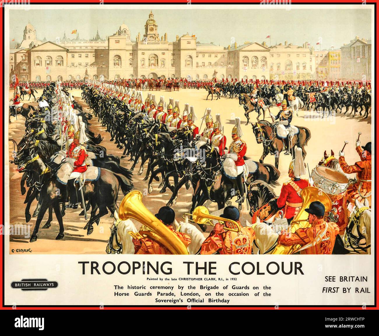 TROOPING THE COLOUR Vintage 1932 Poster featuring the historic ceremony at Horse Guards Parade of Brigade of Guards London on the occasion of the Sovereign’s official birthday. The Sovereign's birthday is officially celebrated by the ceremony of Trooping the Colour (King's Birthday Parade). This impressive display of pageantry takes place on a Saturday in June by his personal troops, the Household Division, on Horse Guards Parade, with His Majesty the King himself attending and taking the salute. British Rail 1930s Travel Poster by Artist Christopher Clark Stock Photo
